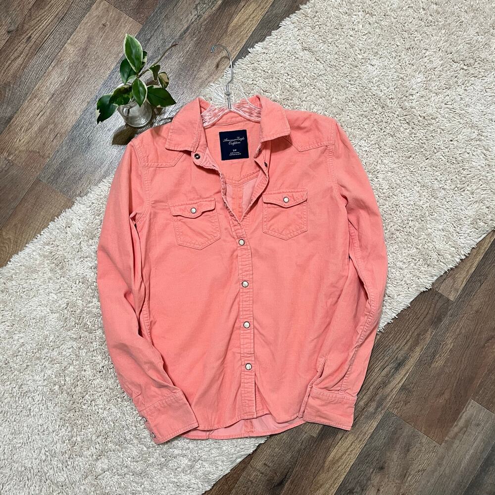 American Eagle Small Peach Pink Corduroy Western Pearl Snap Button Down Top